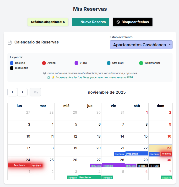 Panel de gestión de reservas de Partes de Viajeros
