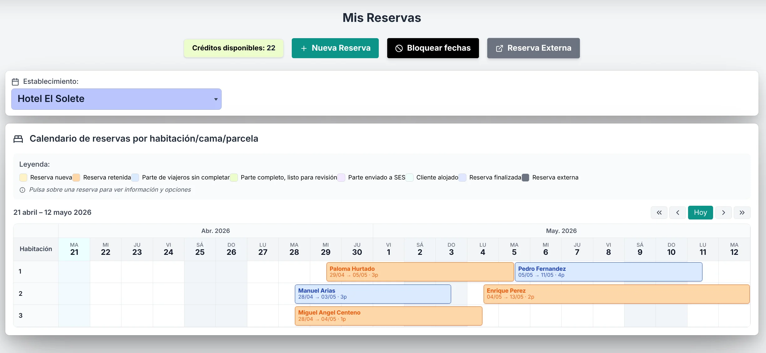 Calendario de reservas para hotel, hostal, pensión, albergue o camping