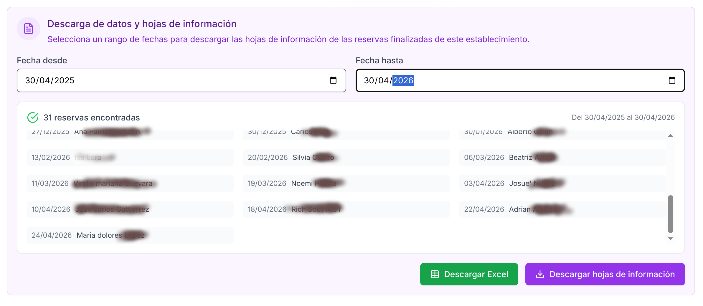 Listado histórico de partes de viajeros archivados en Partes de Viajeros con exportación