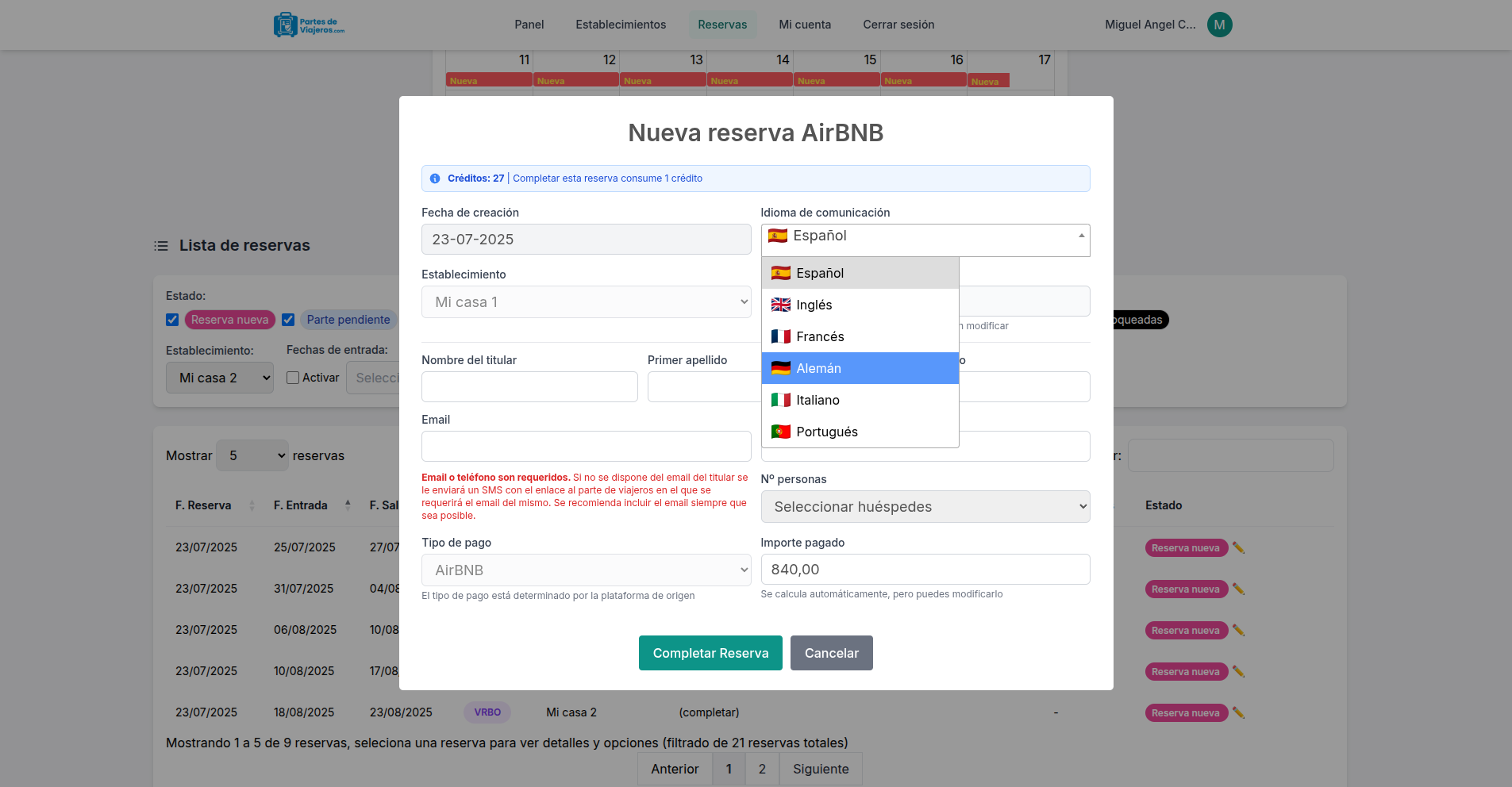 Panel de gestión de reservas